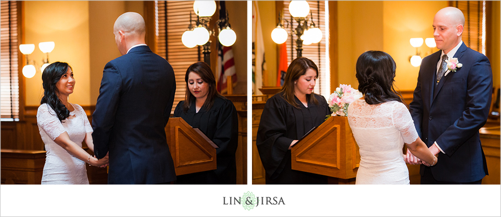 Couple exchanging rings during Orange County Courthouse wedding with officiant