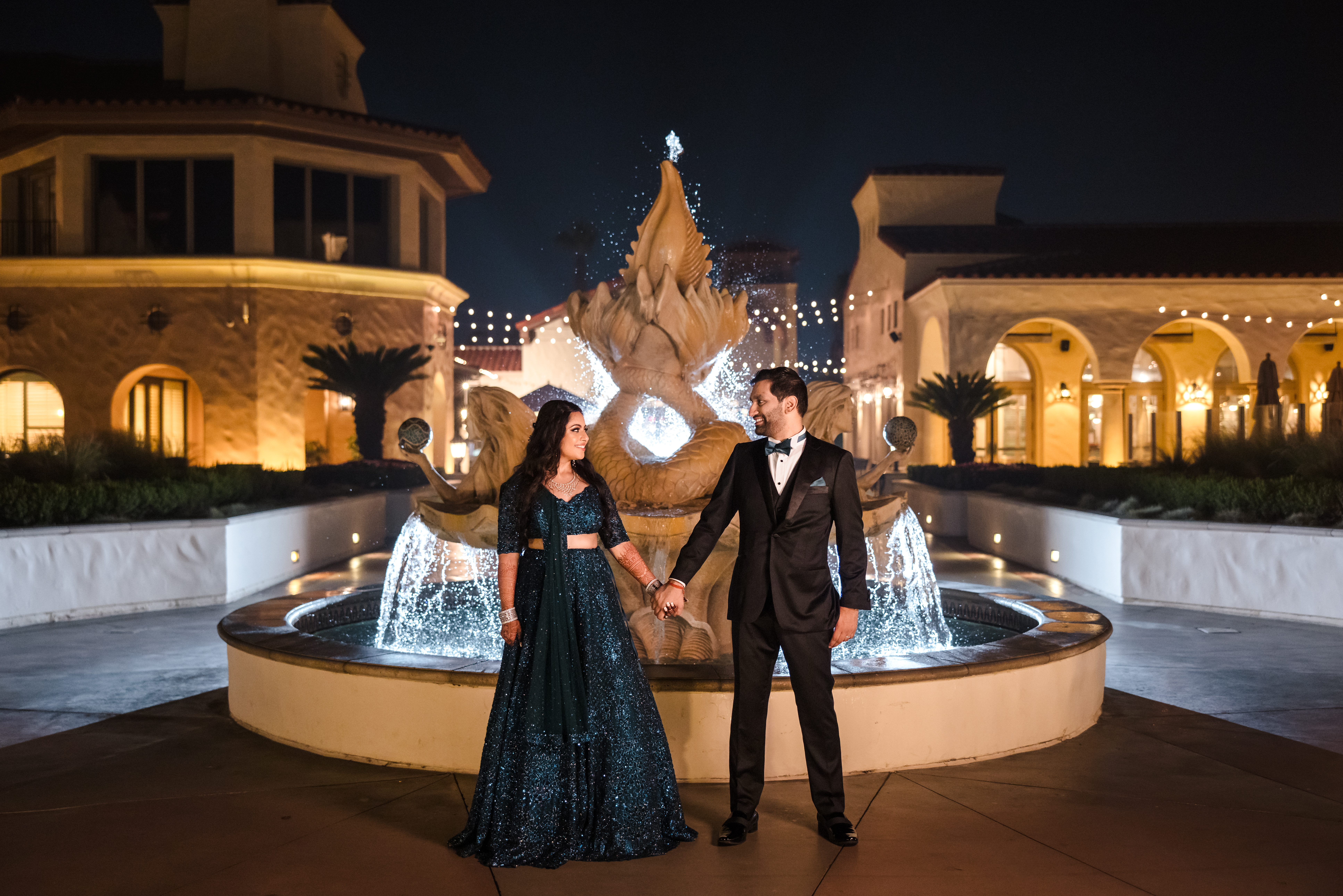 Mermaid fountain portrait location at a Hyatt Regency Huntington Beach wedding by Lin and Jirsa