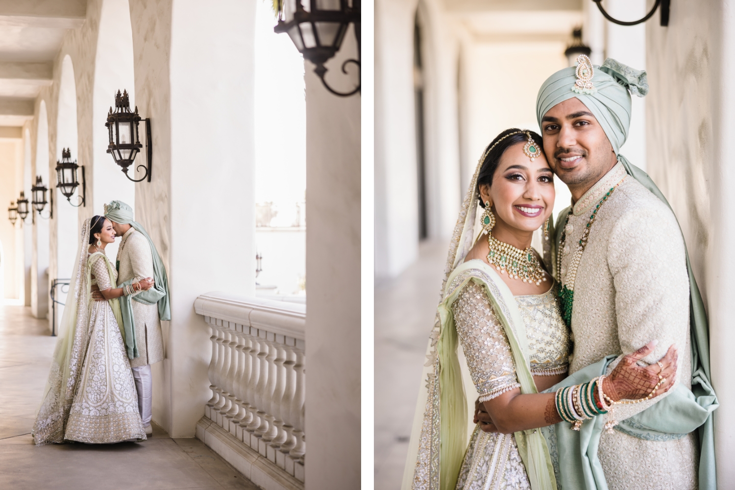 Couple's portrait along the outdoor walkways at a Hyatt Regency Huntington Beach wedding by Lin and Jirsa