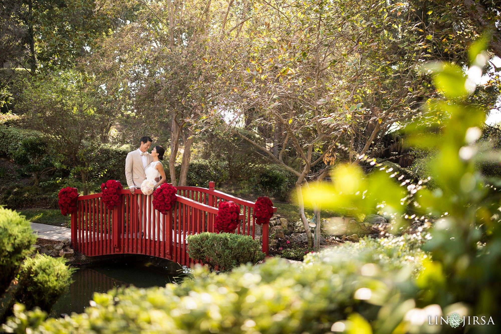Wedding portrait session in the Japanese Garden at Langham Huntington Hotel Pasadena photographed by Lin and Jirsa