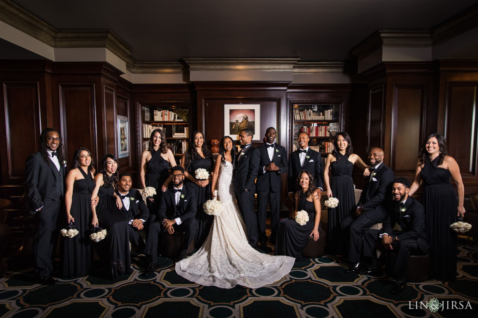 Groom and groomsmen portrait in The Tap Room at Langham Huntington Pasadena wedding by Lin and Jirsa