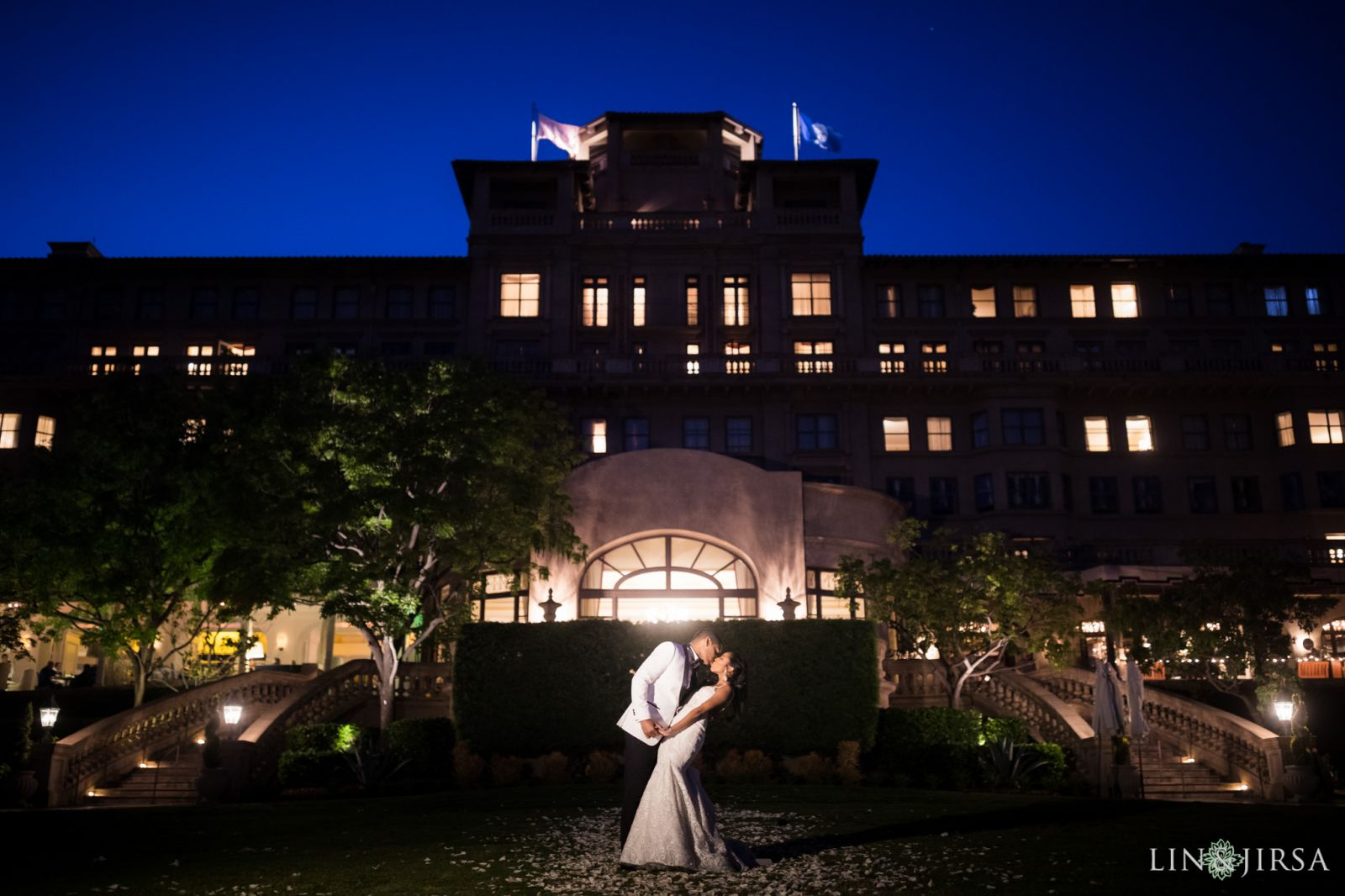 Evening nighttime portrait on the front lawn at Langham Huntington Hotel Pasadena wedding photography by Lin and Jirsa