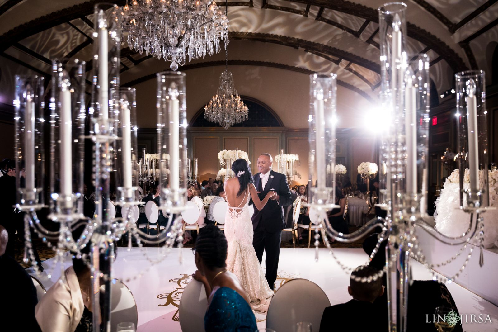 Reception celebration at Langham Huntington Pasadena wedding photography by Lin and Jirsa