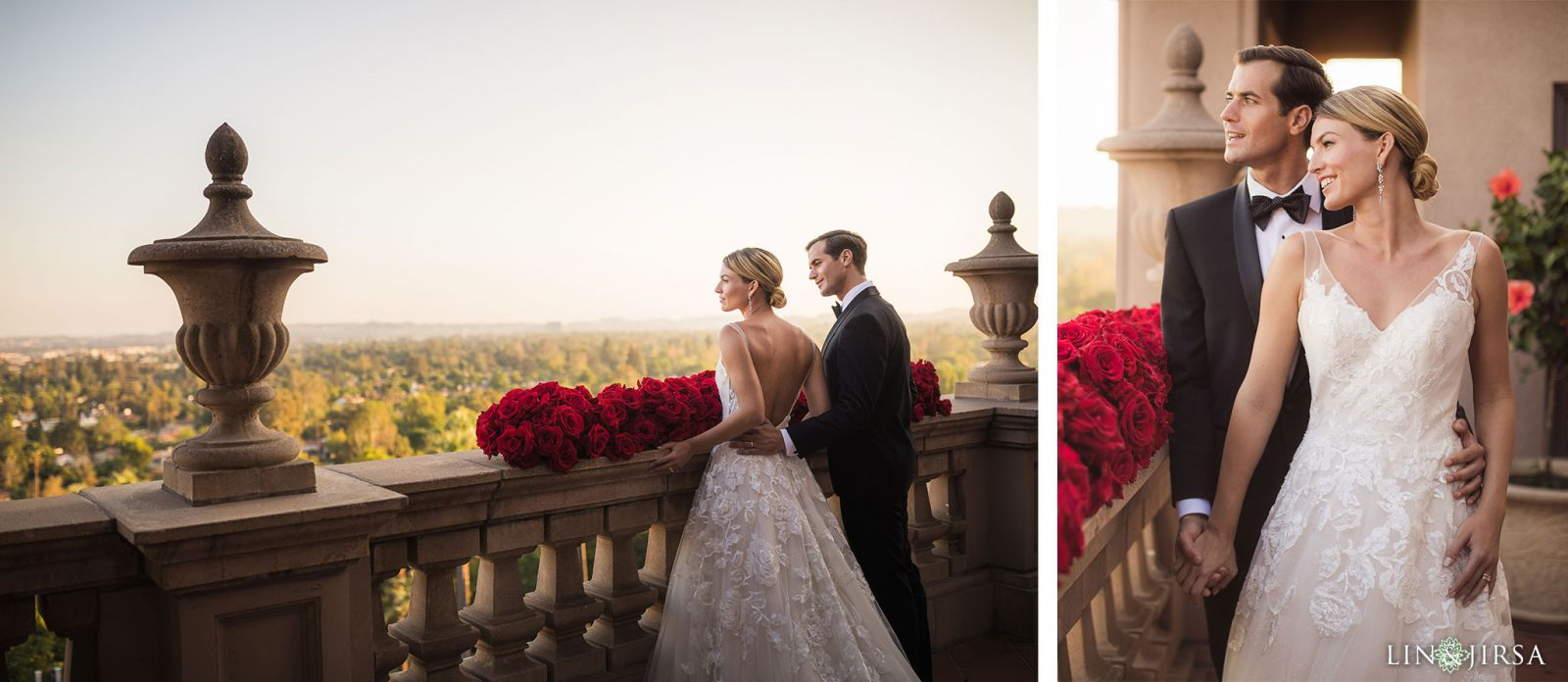 Wedding portrait on the hotel balcony at Langham Huntington Pasadena wedding photographed by Lin and Jirsa