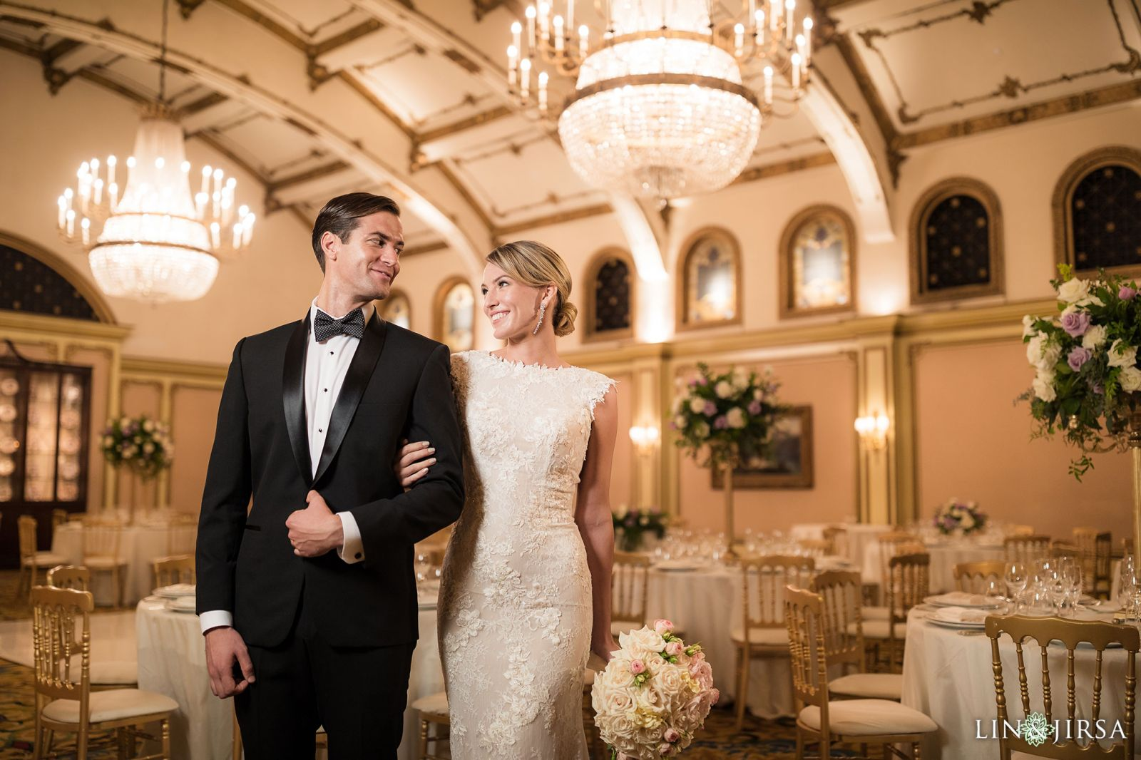 Wedding reception dinner tables in the Langham Huntington ballroom Pasadena wedding photographed by Lin and Jirsa