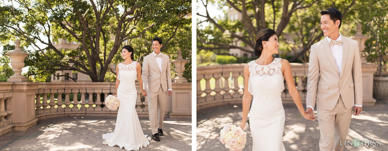Couple portrait on the staircase at Langham Huntington Hotel Pasadena wedding photographed by Lin and Jirsa