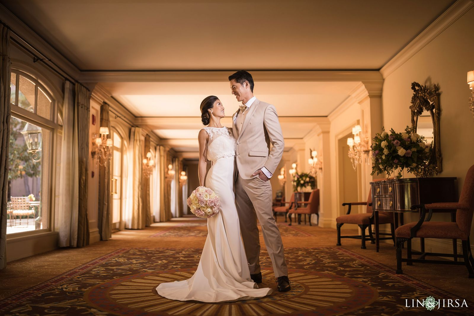 Wedding portrait in the covered courtyard at Langham Huntington Hotel Pasadena by Lin and Jirsa