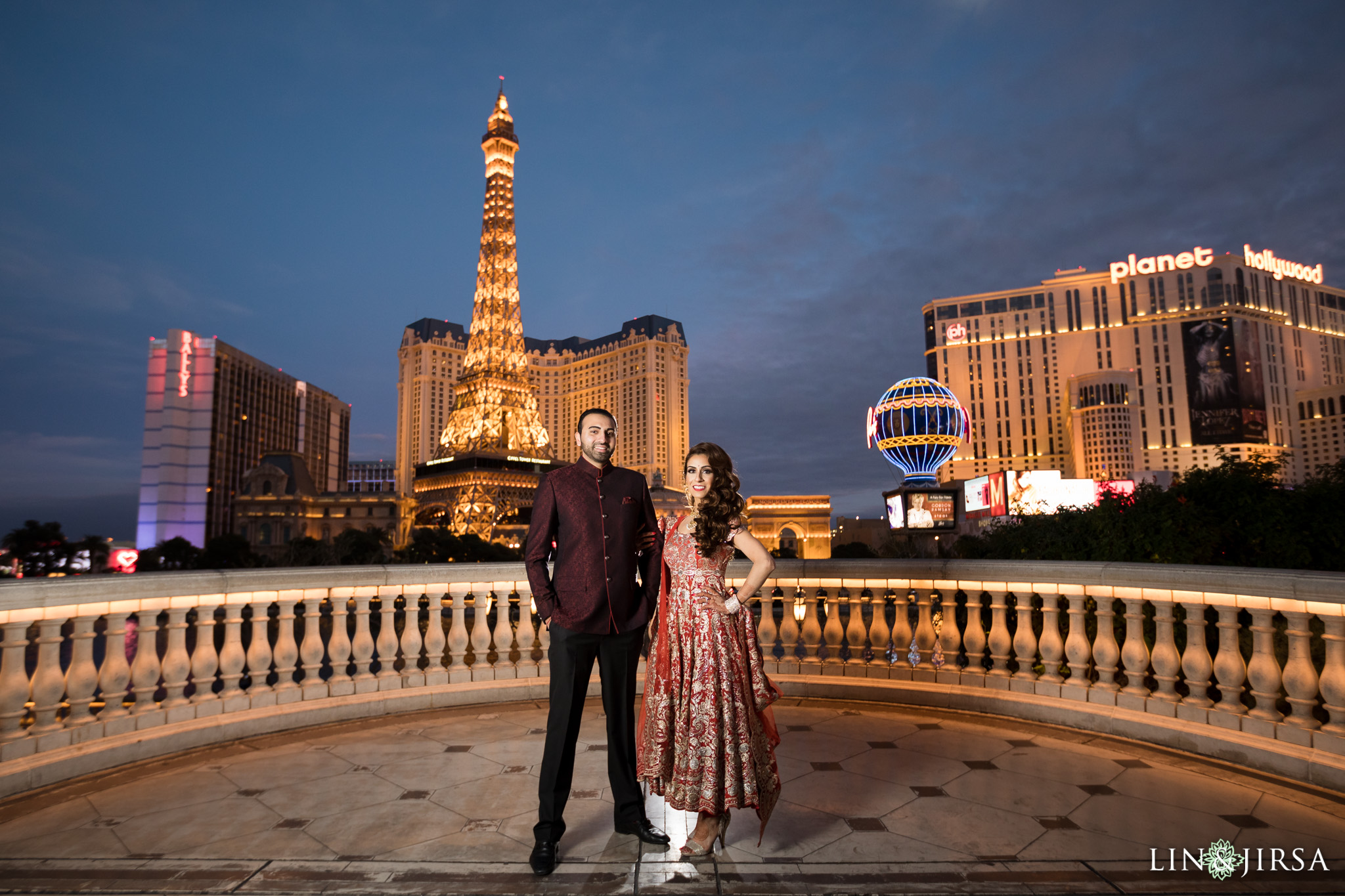 Couple sunset portrait during Sangeet ceremony in Las Vegas at Indian wedding photographed by Lin and Jirsa